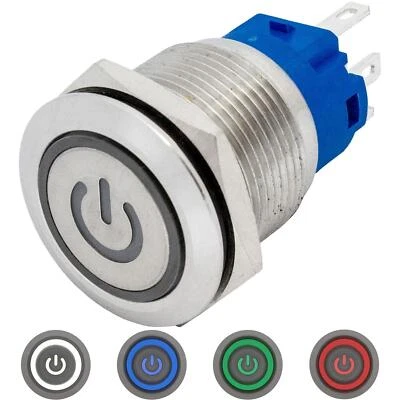 Stainless steel Push button Flat Ø19mm Power LED IP65 2,8x0,5mm Pins 250V 3A Van - Image 1 of 3