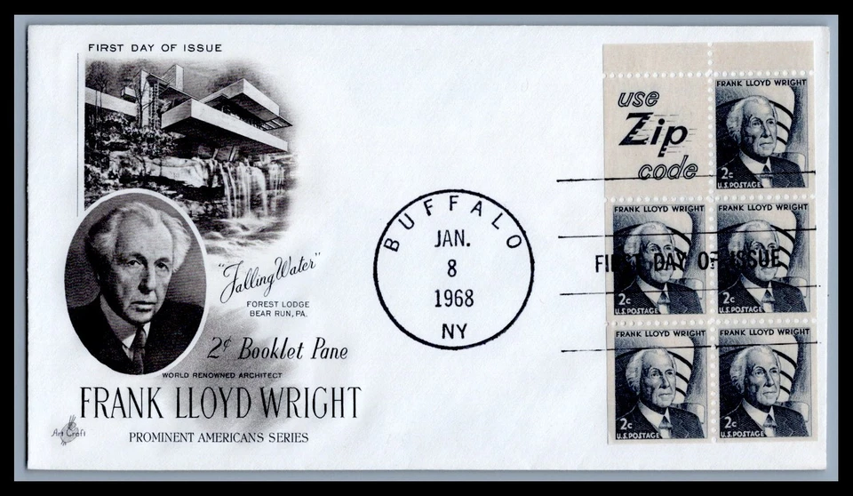 US FDC # 1280a 2c Frank Lloyd Wright ArtCraft Pane Use Zip 1968, 9d358 - Image 1 of 1