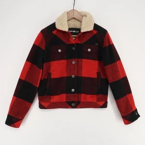 Eddie Bauer Jacket Womens XS Red Black Wool Blend Sherpa Buffalo Plaid Trucker - Picture 1 of 9