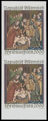 2000, AUSTRIA CHRISTMAS ISSUE, 7S BOTTOM MARGIN VERTICAL IMPERF PAIR NH, SC#1833 - Image 1 of 2