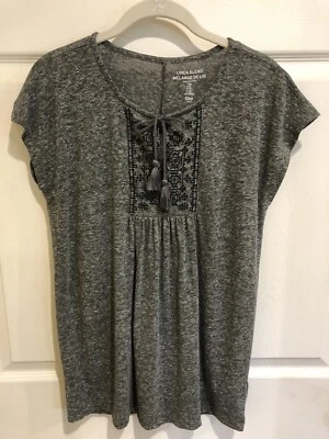 Blusa Top Pullover Mujer Gap Mezcla Lino Talla XS Gris Borlas Negras Foto 1 de 4