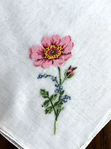 Vintage Handkerchief Hankie Micro Embroidered Pink Flower - Picture 1 of 3