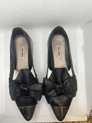 Miu Miu Metal Cap Toe Tie Bow Black Leather Slip On Sneaker Platform Size 39 - Image 1 of 3