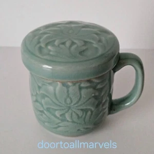 Vintage Korean Celadon Covered Tea Cup Mug Lotus Flower Heavy - Picture 1 of 11