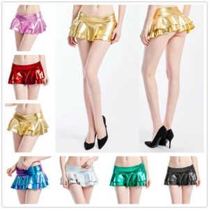Shiny Wet Look Layered Frill PU Rara Stretch Party Skirt Skirts Mini PVC Shorts - Picture 1 of 30
