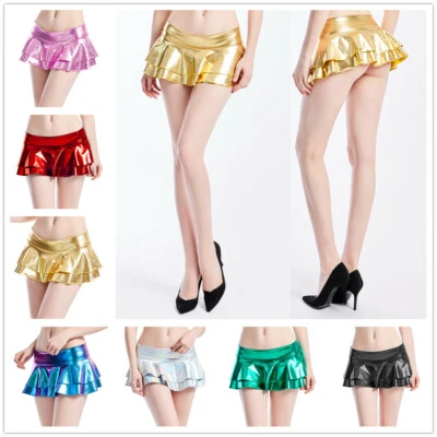 Brillante Aspecto Húmedo Capas Volantes PU Rara Elastizado Fiesta Falda Faldas Mini Pantalones Cortos PVC Foto 1 de 4
