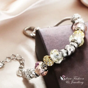 18K White Gold GF Snake Chain Heart Buckle Crystal Bead Strand Charm Bracelet - Picture 1 of 5