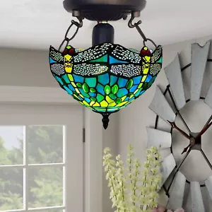 Unique Style Green Dragonfly Tiffany Ceiling Lamp 10" Glass Shade E27 Bulb UK - Picture 1 of 13