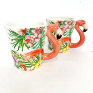 Pier 1 Pink & Green Flamingo Handle Coffee Mug Cup Tropical 3-D Lot Of 2 - Picture 1 of 8