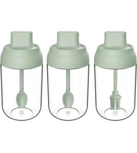Set of 3 Spice Jars 8.45 oz Salt Sugar Glass Condiment Pots with Spoon (Green) - Picture 1 of 7