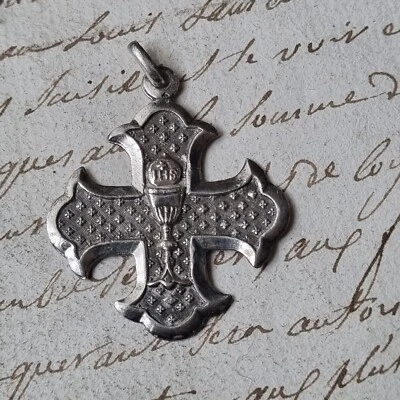 Pendentif Médaille Croix Calice en Argent XIXè Holy Silver Medal 19thC - Photo 1/4