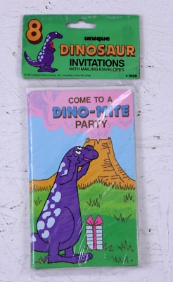 8 Dinosaur Invitations with Envelopes 1987 Unique Industries Dino Mite Party HK - Image 1 of 4
