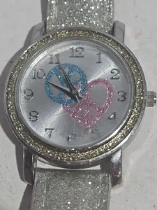 Women's Accutime Watch Metallic Face W/ Heart Peace Sign Gold Silver Gltr Band - Picture 1 of 10