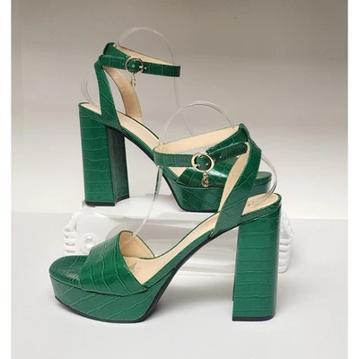 Guess Wgrestore-R Green Faux Leather Ankle Strap Platform Block Heel Sandals 11M - Image 1 of 4