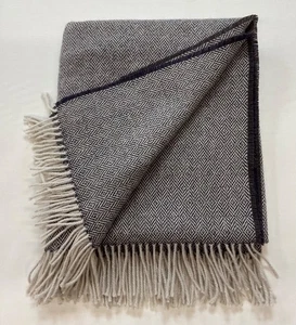 PURE WOOL Fringed Throw/Blanket/UK WOVEN. Purple/Brown Fleck/Natural Herringbone - Picture 1 of 1