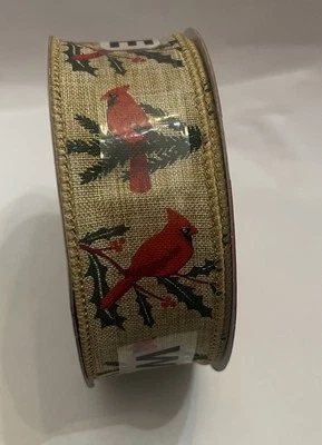 Cinta de borde con cable de 1,5”x 30 pies. Navidad Rojo Robin Berry Acebo Sobre Arpillera Beige Foto 1 de 4