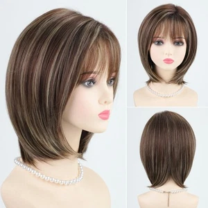 Ombre Brown with Blonde Highlights Layered Bob Wig with Bangs Medium Length S... - Picture 1 of 9