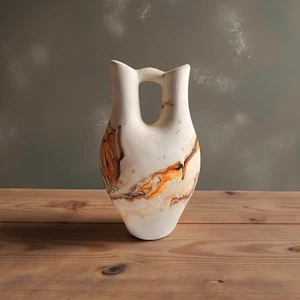 Nemadji Keramik 10,5 Zoll Hochzeit Vase cremefarben mit braunen und orangefarbenen Wirbeln - Bild 1 von 12