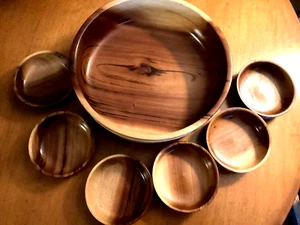 VINTAGE Mid Century Wood Salad Bowl Set Retro Mid Century 7 Bowls Beautiful - Picture 1 of 5