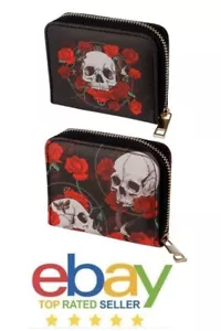 Skulls & Roses Zip Around Small Damen Geldbörse Münzbörse Schwarz & Rot 11cm x 8cm - Bild 1 von 7