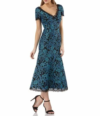 JS COLLECTION Vestido Acampanado Azul Marino Negro Malla Bordada Encaje Calce 6 = S Foto 1 de 4