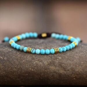 Natural Turquoise Blue Adjustable Healing Reiki Round Beads Dainty Bracelet Gift