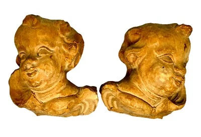 Busto de querubín colgante de arte popular tallado a mano/par de cabezas firmado Foto 1 de 4