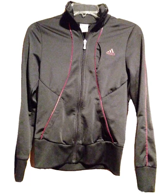 阿迪达斯夹克女式小号黑色大标志拉链运动锻炼健身房粉色装饰 — 第 1/4 张图片