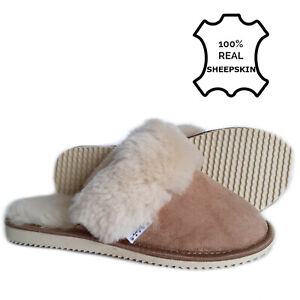 Ladies Womens Brown Slippers REAL GENUINE SHEEPSKIN Fur Lined Mule Slip on Shoes