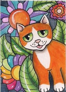 ACEO - Orange & White Cat & Flowers - Original Art