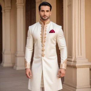 Sherwani For Men India Ethnic Embroidery Indo Western With Kurta Pyjama Set - Picture 1 of 7