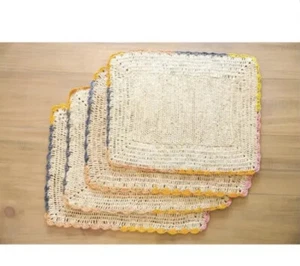 Payton James Raffia Palm Fiber Leaves Crochet Border Table place mats 16X12 - Picture 1 of 5