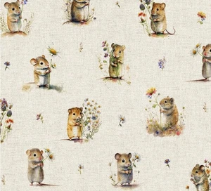 Tela de tapicería - Ratones de campo por todas partes material de tela artesanal de aspecto de lino natural - Imagen 1 de 8