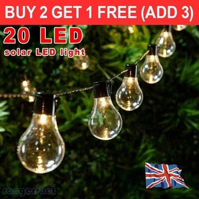 Retro Solar String Lights Outdoor Garden LED Festoon Party Globe 20 Bulbs Light~
