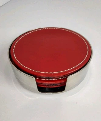 Juego de posavasos de cuero sintético rojo con soporte de acero inoxidable posavasos redondos costuras blancas  Foto 1 de 4