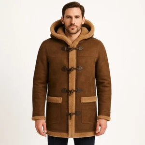 Men's Leather Genuine Sheepskin Duffle Coat Hooded 100% Real Shearling Fur f-42 - Picture 1 of 11
