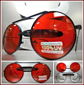 Classic Vintage 60's Retro Style Round Flip Up SUN GLASSES Black Frame Red Lens - Picture 1 of 10