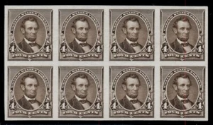 US #222P3, 4¢ Lincoln, marrone scuro, a prova di piastra sull'India, blocco di 8, XF - Foto 1 di 1