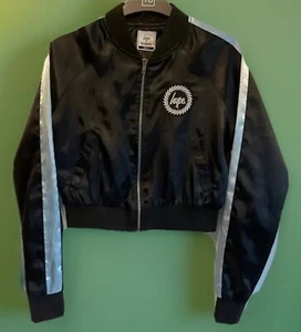Hype Womens Silky Crop Bomber Jacket Black Size 4 Embroidered Detail - Picture 1 of 6