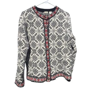 L.L.Bean knit cardigan womens M red black gorpcore cotton nordic fair isle cabin - Picture 1 of 10