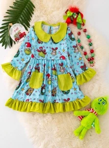 Happy Grinch Big Heart Christmas Collared Ruffled Dress Girls Size 5 NWOT - Picture 1 of 3