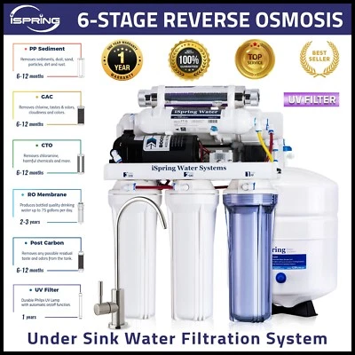 iSpring 6-Stage Under Sink RO Reverse Osmosis Drinking Water Filtration System - Image 1 of 4