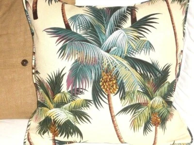 17" Hawaiian Tropical Cotton Barkcloth Fabric CORDED PILLOW ~Palm Trees~ - Image 1 of 3