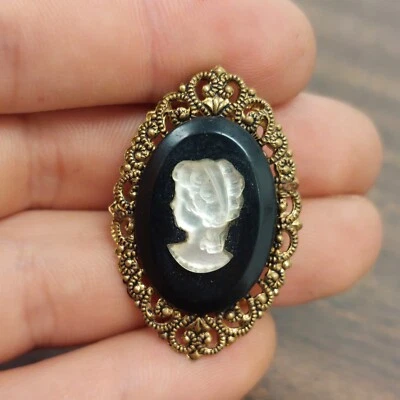 Antique "Cameo" Black/White Gold Tone Brooch/Pin WESTERN GERMANY Unique - Image 1 of 4