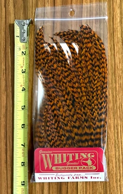 Whiting Bugger Pack, Grizzly teñido naranja quemado, atar moscas Foto 1 de 2