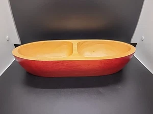 12" Red Tuttocasa Handmade Wooden Double Well Oval Bowl Vintage Decor - Picture 1 of 6