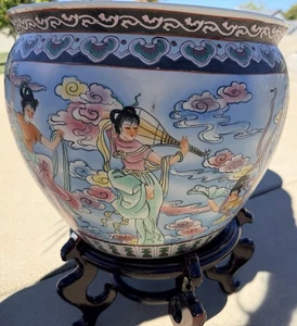 Vintage chinesische Famille Rose Porzellan Fischschale Übertopf Koi Schale handbemalt mit Ständer - Bild 1 von 16