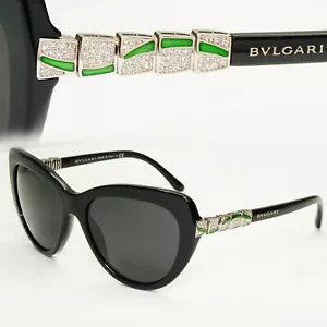 Bvlgari Black Sunglasses Crystal Rhinestone Silver Green 8143-B 501/8G 181022 - Picture 1 of 12