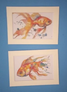 Two 5" x 7" Matted 4" x 6" Prints of Watercolor Paintings of Fancy Goldfish - Picture 1 of 7
