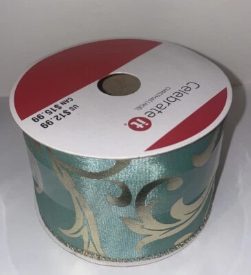 2 1/2” x  20 Ft Wired Edge Ribbon. Gold Leaf on Jade Green For Christmas Winter - Image 1 of 4